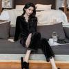 Women's Golden Velvet Lace Pajama Set - Long Sleeve, Autumn/Winter Style, Sexy Homewear.