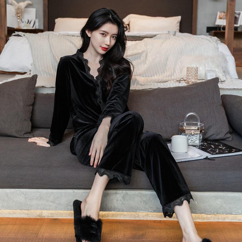 Women's Golden Velvet Lace Pajama Set - Long Sleeve, Autumn/Winter Style, Sexy Homewear.