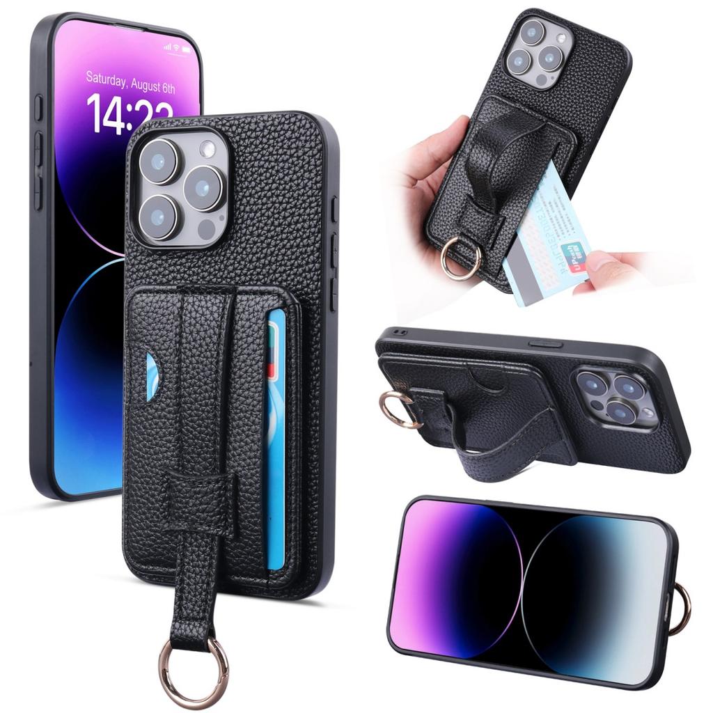 High End TPU+PU Leather Black Case for iPhone 11 13 12 14 15 16e Pro Max Fashion Wrist Strap Ring Grip Card Holder Wallet Sleeve