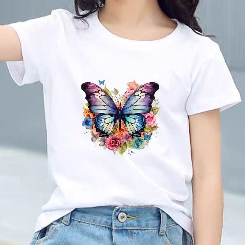 Kids Cotton T Shirt Colorful Floral Watercolor Butterfly Print Crew Neck Short Sleeve Tee Casual Boys Girls Summer Tops
