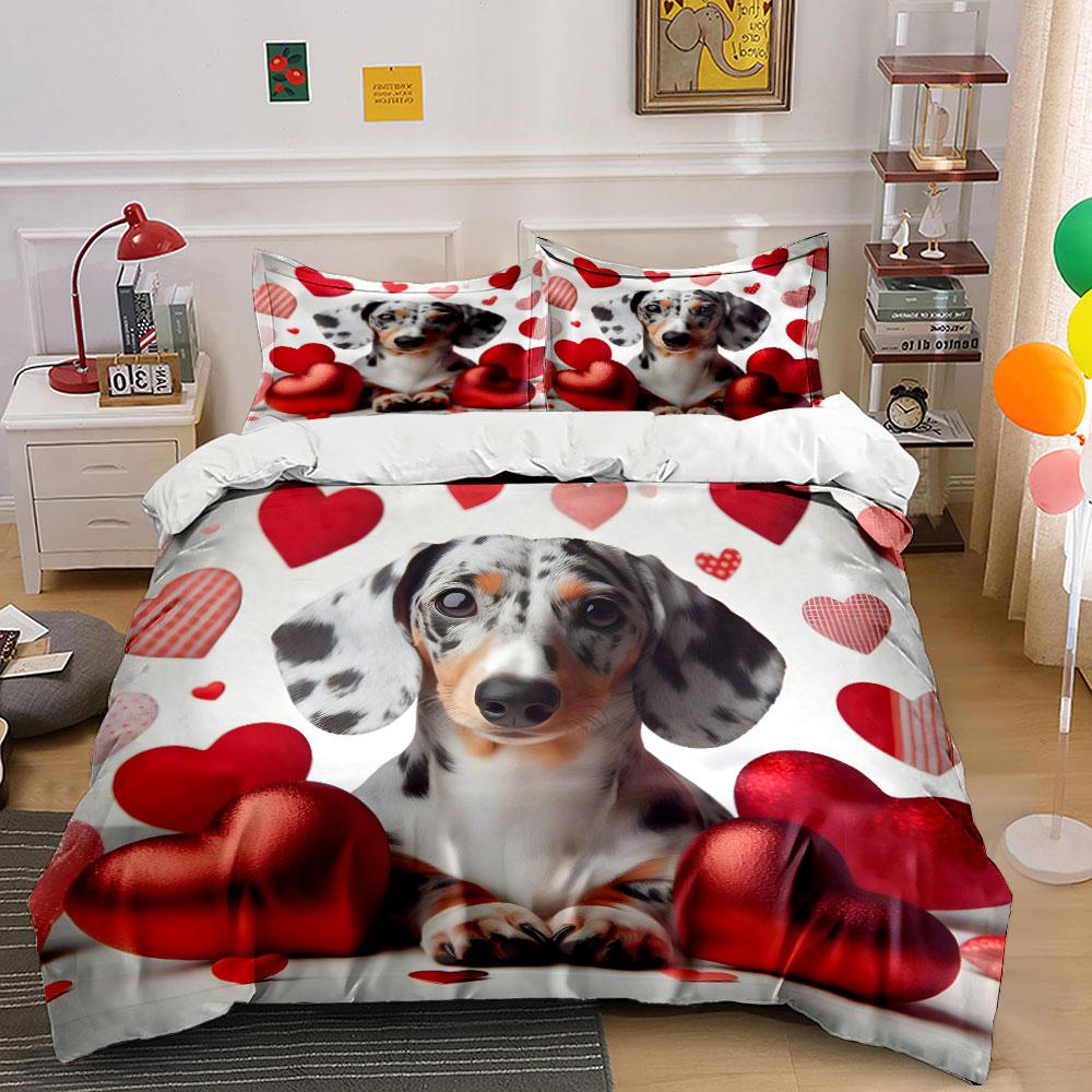 "Adorable Dog with Romantic Hearts printed 3PC, kid's and adults' bedroom decor, Exquisite three-piece bedding set gift