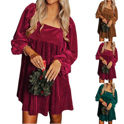 Womens Loose Fit Square Neck Long Sleeve Velvet Babydoll Dresses Dress