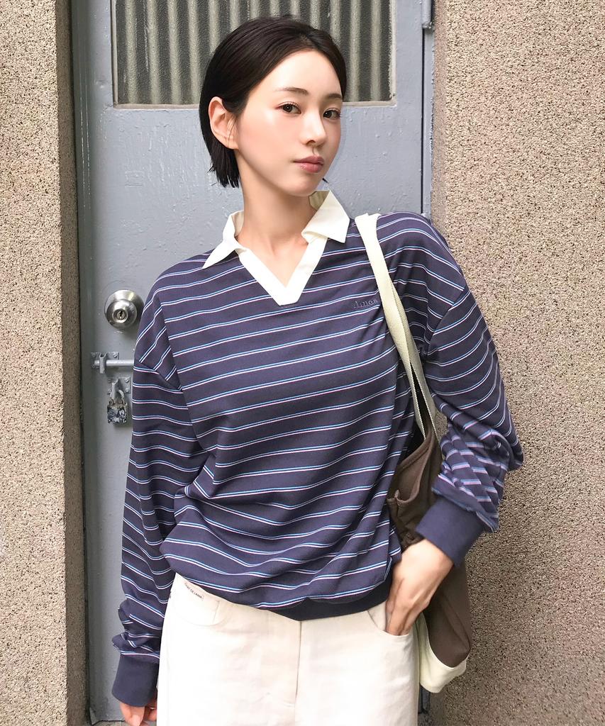 AMES-WORLDWIDE V Neck Collar Stripe Sweatshirt Purple