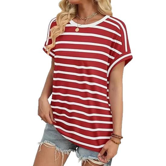 New Arrival Women's Round Neck Striped Color Block Casual Short Sleeve T-shirt