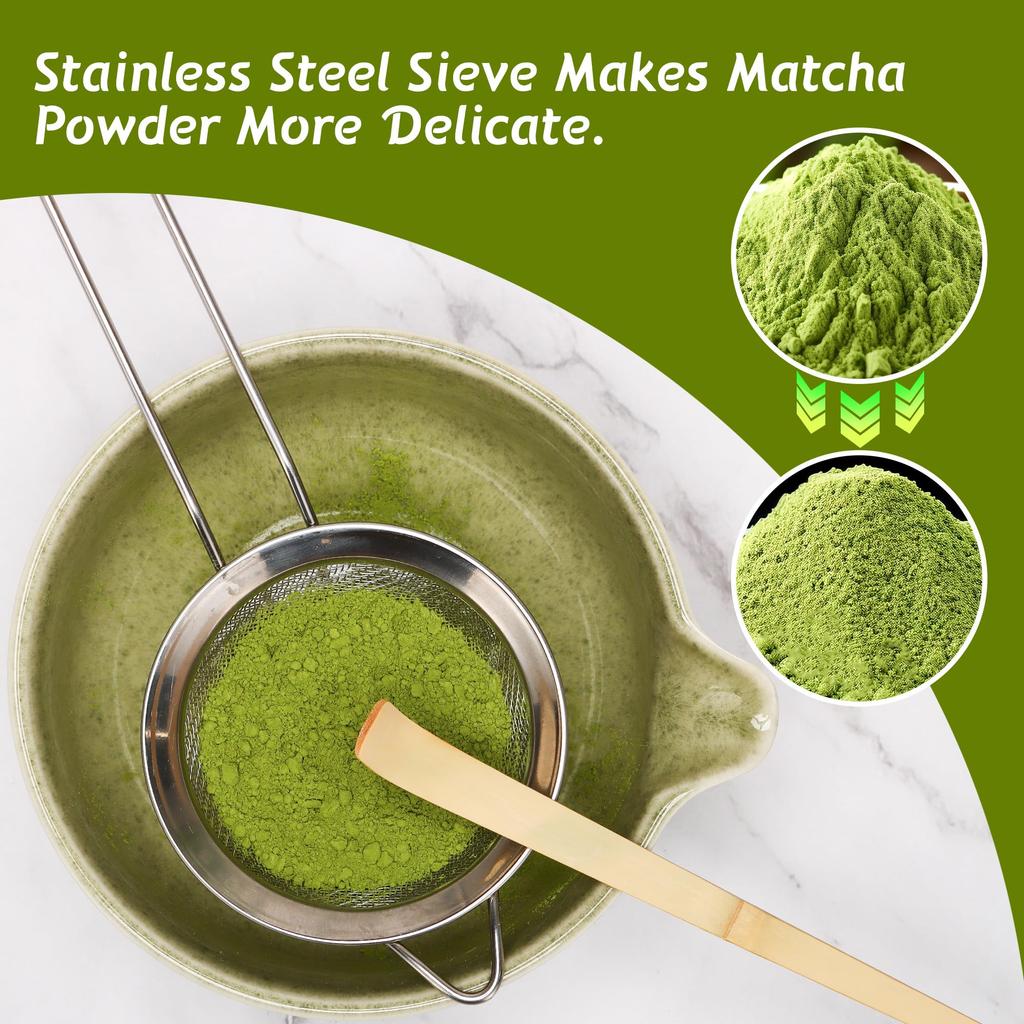 DiDiBirDi Matcha Tea Ceremony Includes Matcha Matcha Whisk Matcha Bamboo Traditional Bamboo and Stainless Steel Sieve Set, 5-Piece Set, Bowl, Stand,