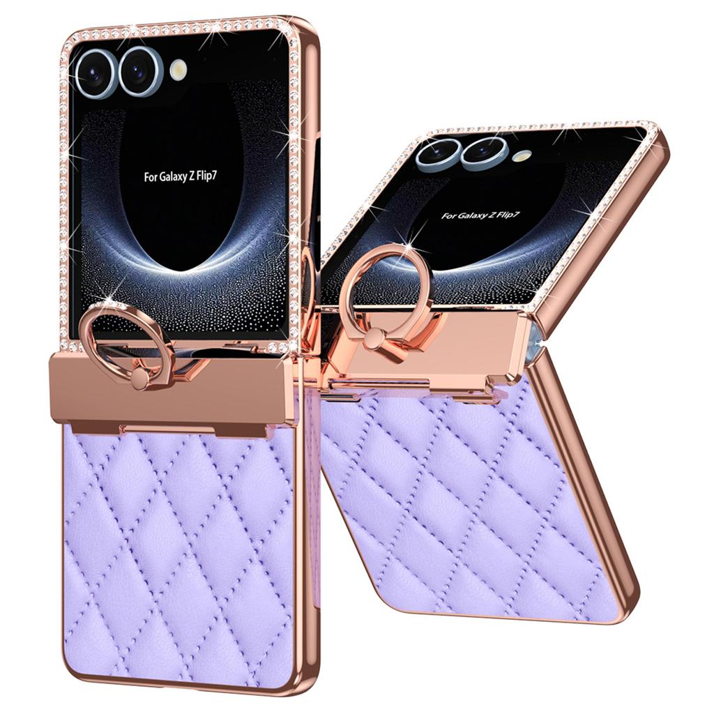 For Samsung Galaxy Z Flip7 5G Case Rhinestone Decoration Ring Holder Rhombus Leather + PC Phone Cover
