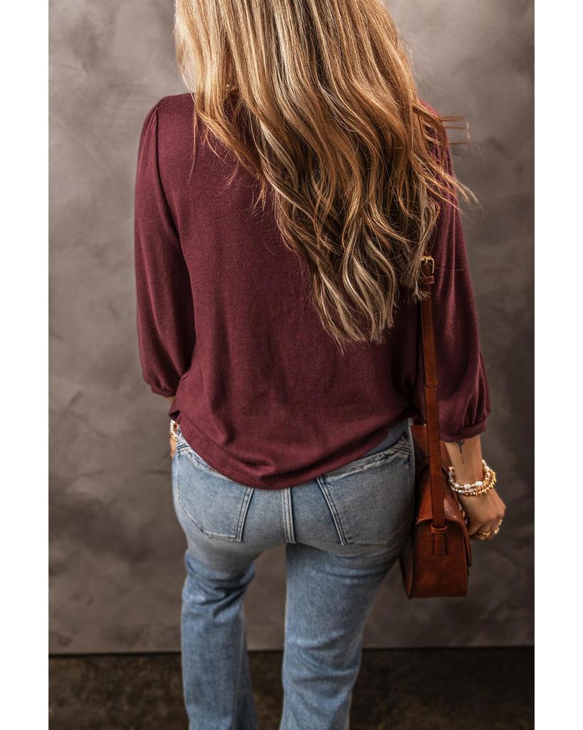 Azura Exchange Red Dahlia Solid Color 3/4 Sleeve Round Neck Top