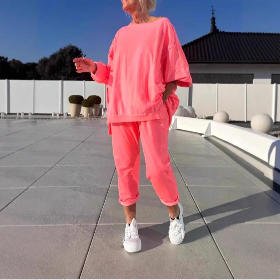 

Женский повседневный костюм с коротким рукавом свободного кроя и брюками 7/8 ярко-розового цвета S розы красного