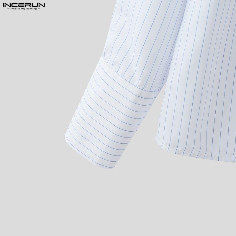INCERUN Men Spring Stand Neck Long Sleeve Striped Casual Oversized Shirts Tops