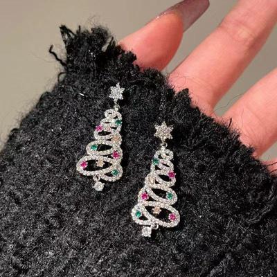 2024 Autumn/Winter Colorful Diamond Christmas Tree Stud Earrings - Elegant, High-End Women's Fashion Jewelry
