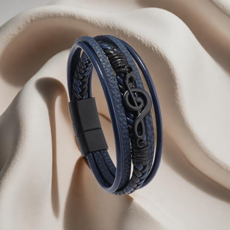 Stainless Steel Musical Note Bracelet for Men, Multi-layer Leather Woven Magnetic Clasp, Retro Style Wristband