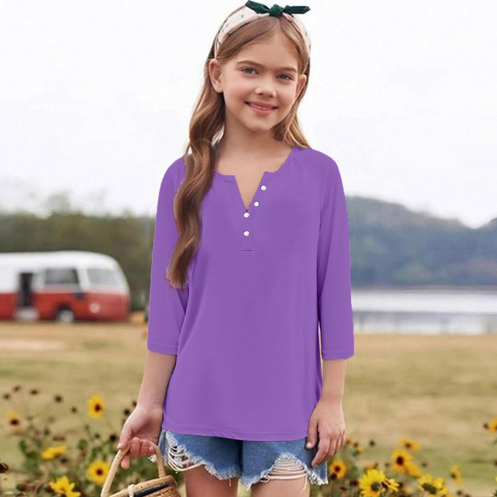 Print Tops For Youth Girls Round Neck 3/4 Sleeves T-Shirts Trendy Tops Outfit Tees