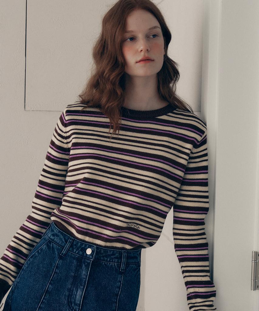 ROLAROLA Stripe Round Neck Knit Brown