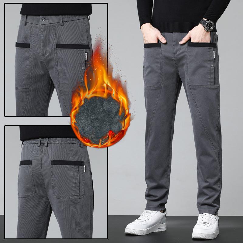 Autumn and Winter Plus Velvet Thick Cotton Elastic Casual Pants Men's Fashion Multi-bag Tooling Straight Trousers