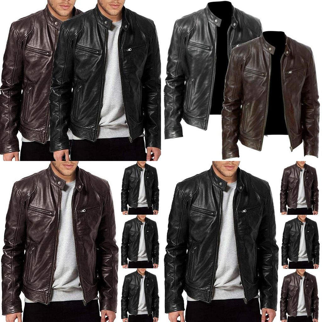 Klassische Herren-Kunstlederjacke mit Stehkragen für einen eleganten Motorrad-Biker-Look