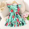 Girls' Dress Children'S Clothing New Spring-Summer Style With Flying Sleeves Cute Bow On The Back Casual Printed Dress