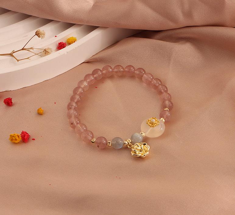 Natural Strawberry Crystal Bracelet, Peach Blossom Bracelet, Moonstone Cat's Claw Crystal Pixiu Natural Freshwater Pearl Bracelet.