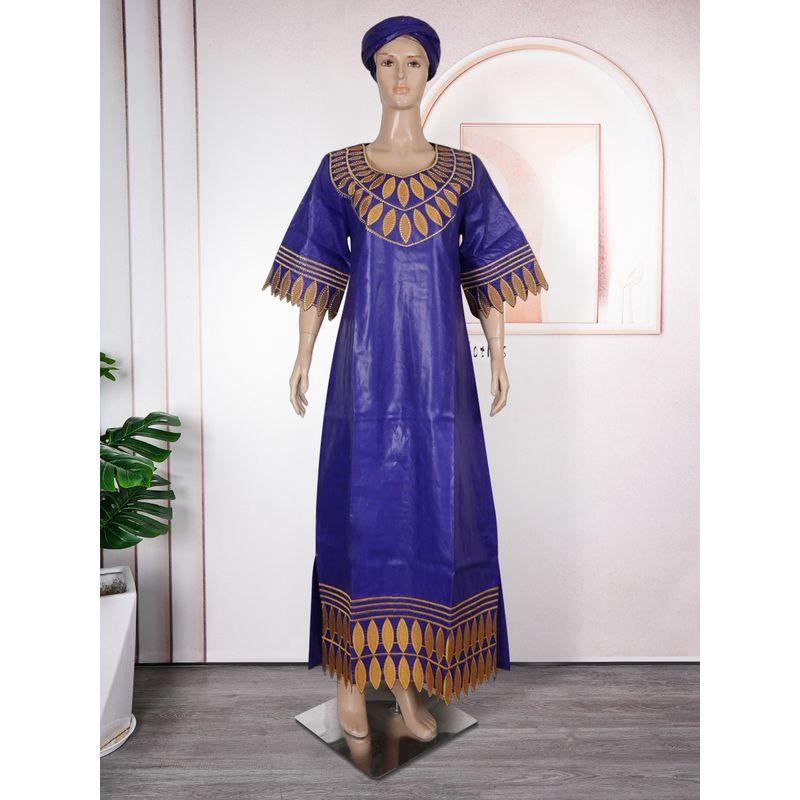 African Summer Women's Clothing Plus Size Full Craft Fragrant Figured Cloth Embroidered Robe Half Sleeve Ethnic Style Dress with Headscarf