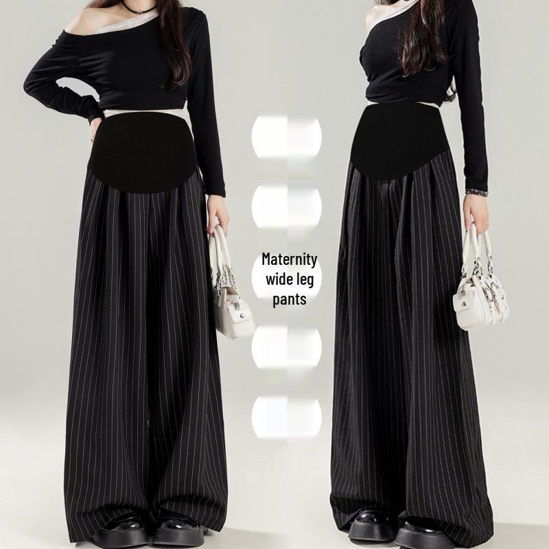 2025 Classic Black Striped Maternity Wide-Leg Suit Pants Large