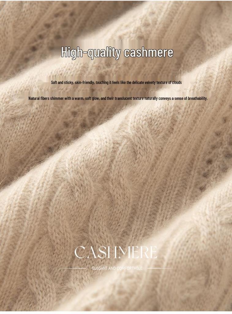 Women's Thickened Hollow-Out Cashmere Cardigan, Round Neck, Button-Up, Long Sleeve Wool Outerwear with Drop Shoulders.