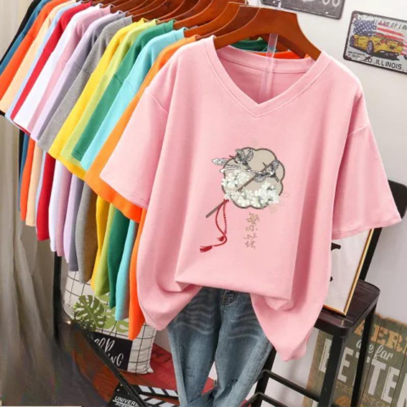 

Женская футболка с коротким рукавом, большого размера, свободная и стройнящая, топ с V-образным вырезом с принтом 5XL розовый