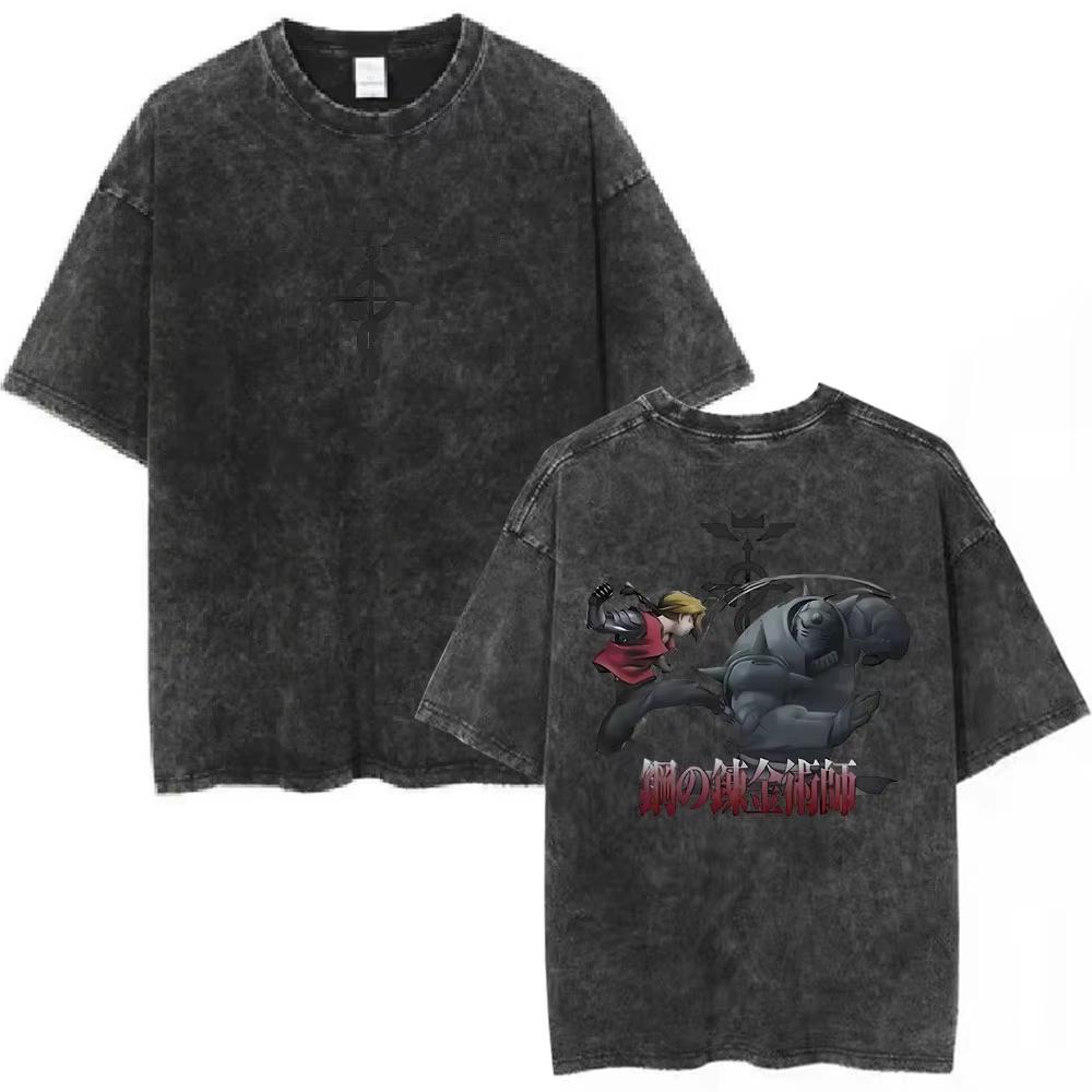 Anime Fullmetal Alchemist Graphic T‑Shirt Men Women Casual Oversized Vintage Washed Cotton Short Sleeve Streetwear Tee Tops