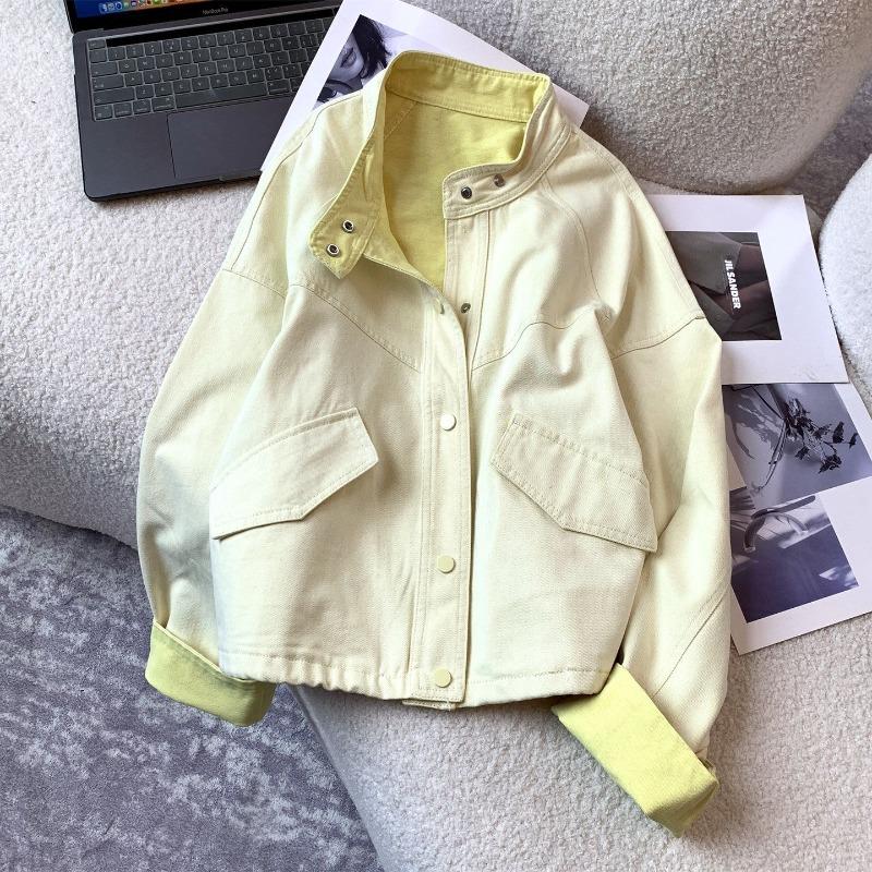 Women Color Denim Cropped Baseball Jacket Spring Korean Casual Round Neck Zip Up Outerwear for Petite Girls