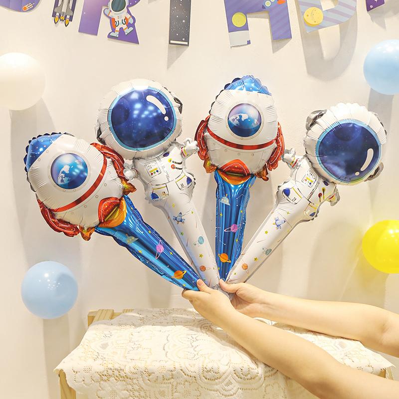10Pcs Cartoon Astronaut Rocket Hand-held Stick Aluminum Film Balloon for Kids Outer Space Theme Birthday Baby Shower Party Decor