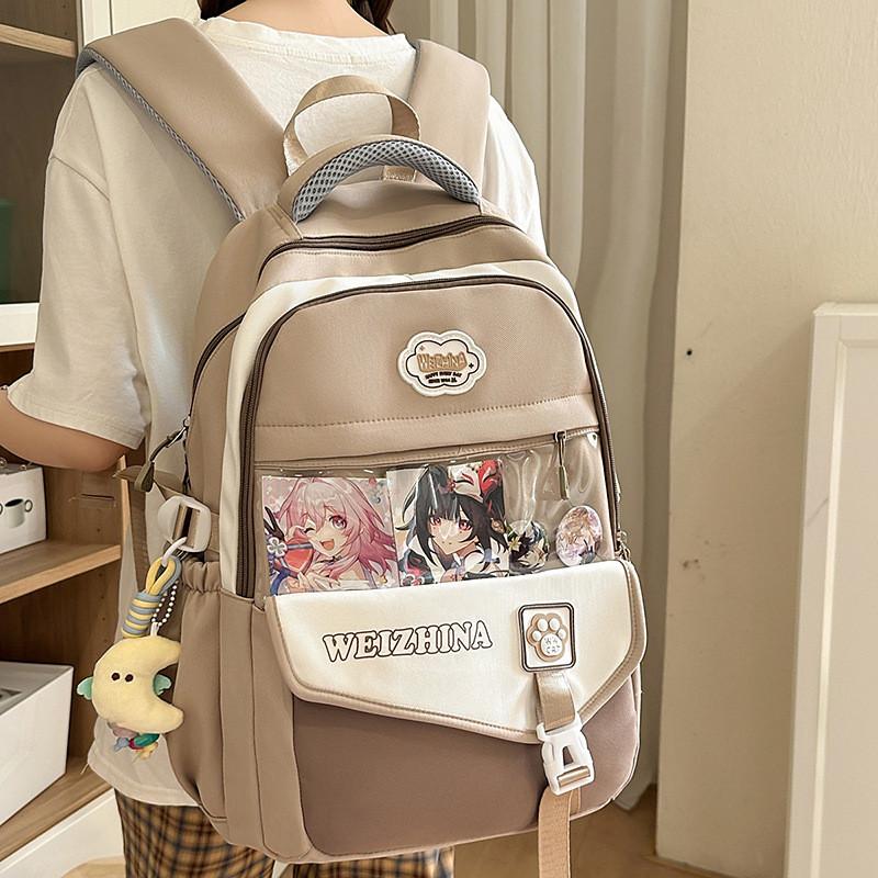 Color Blocked Fashionable Letter Printed Student Backpack With Pendant Daily For