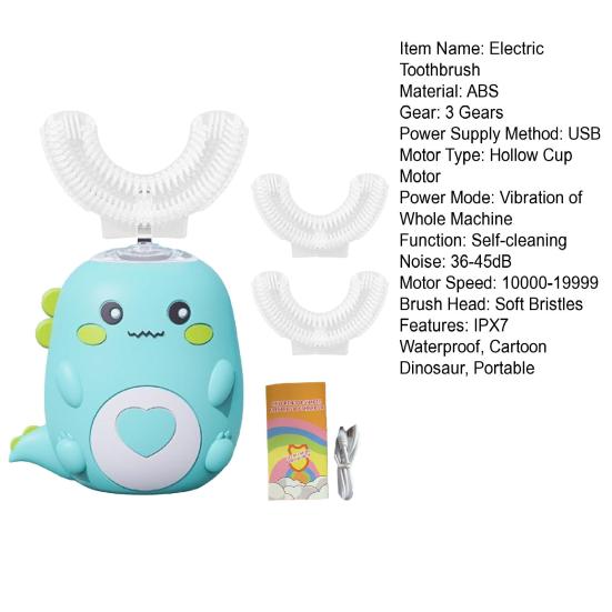 Kids U-Shaped Ultrasonic Electric Toothbrush with 2 Silicone Brush Heads IPX7 Waterproof Automatic Cartoon Dinosaur Toddlers Boys Girls Rechargeable
