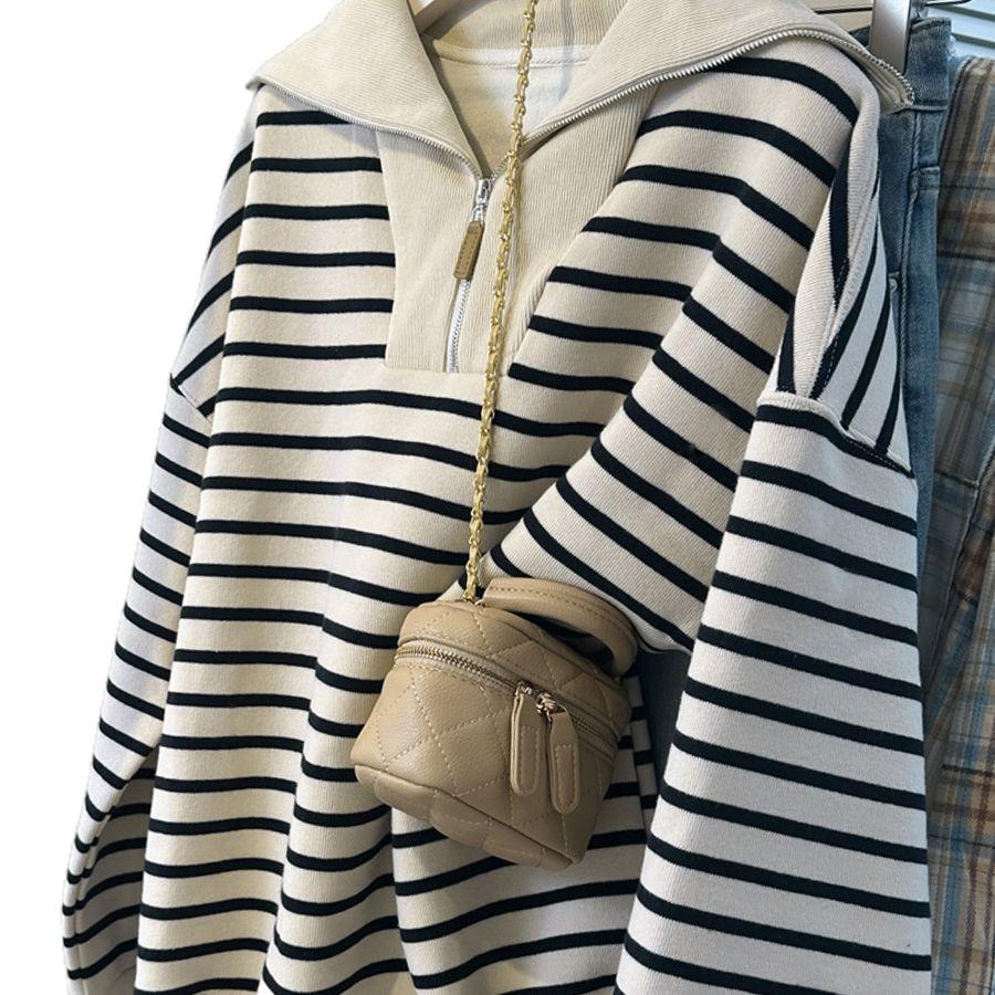 Women's Korean Striped Polo Collar Long Sleeve Sweatshirt - Autumn/Winter Casual Half Zip Top