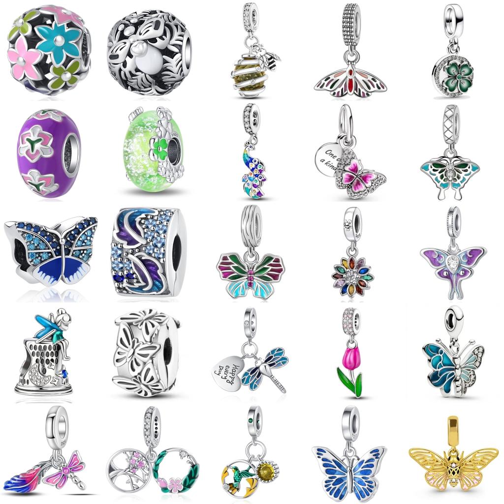 New 925 Silver Spring Collection Butterfly Peacock Dragonfly Dangle Charms for Women DIY Jewelry Gifts