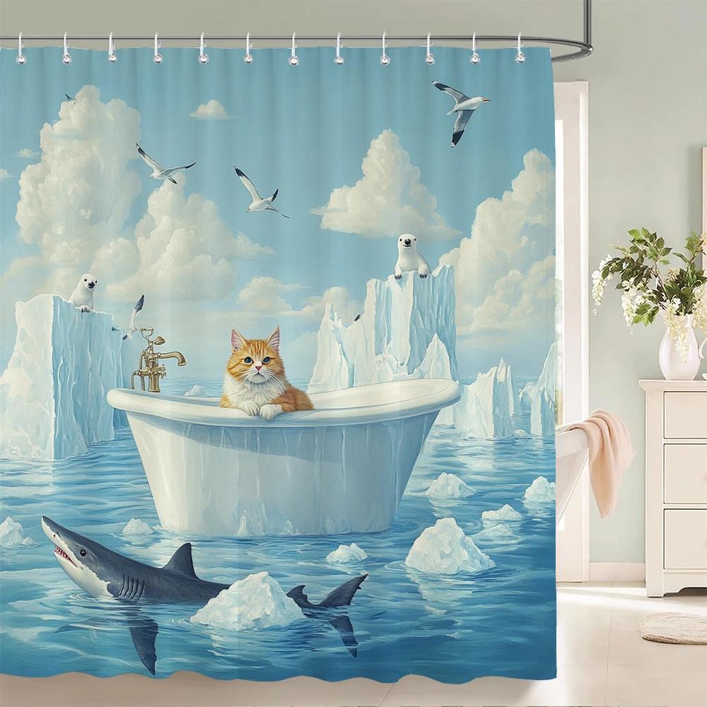 Funny Cat And Dog Shower Curtain Animal Beach Printed Bathroom Bath Curtain Home Decor With Hooks