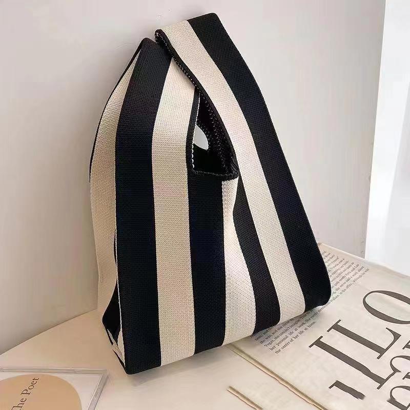 Women's Knot Wrist Bag Handmade Knitted Bag Portable Mini Striped Tote Bucket Phone Bags Large Capacity Autumn Winter Handbags