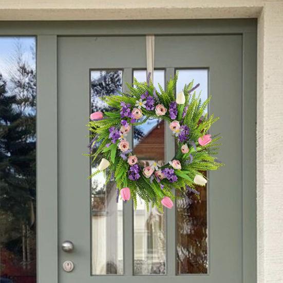 Spring Summer Tulip Wreath for Front Door Artificial Floral Greenery Wreath with Ferns Wildflowers for Indoor Outdoor Porch Wall Farmhouse Wedding
