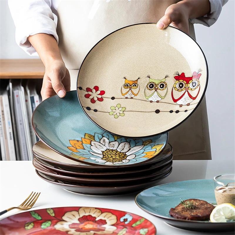 8-14 Inch European Circular Plate Cake Rack Fruit Tray Steak Plate Ceramic Hand-painted Disc Underglaze Fruit Creative Plate-B