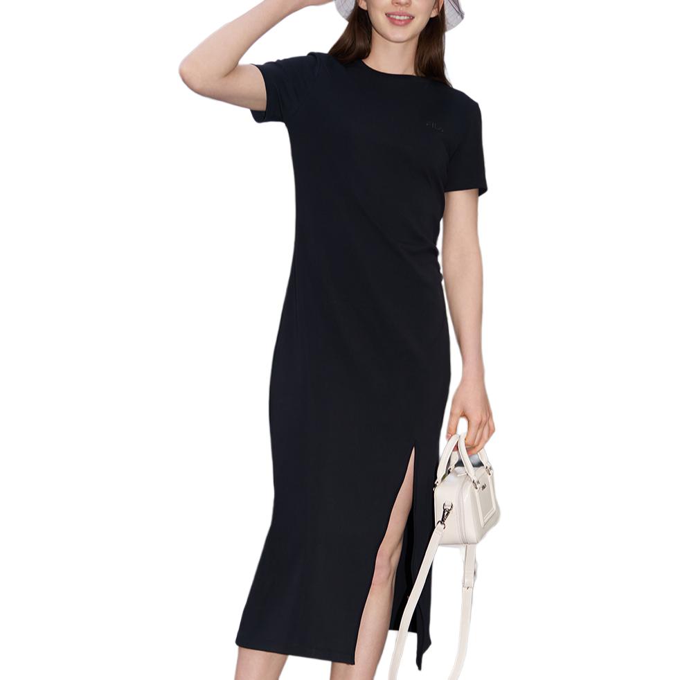 FILA Original Goddess Split Dress II Fashion Simple Slim Knit Short Sleeve Dress Women dresses Black F51W529314F-BK