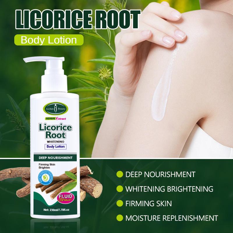 Lait corporel à la racine de réglisse pour éclaircir le teint Rétrécir les pores Hydratation longue durée Lissage Blanchissant Essence végétale riche