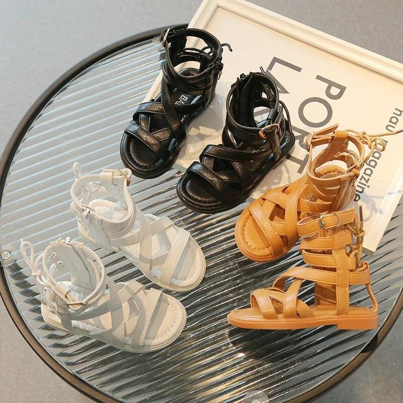 

Spring/Summer Girls Sandals Children s Soft Sole Roman Shoes Version Hollow out Flat Bottom Matsuke Back Zipper Sandals