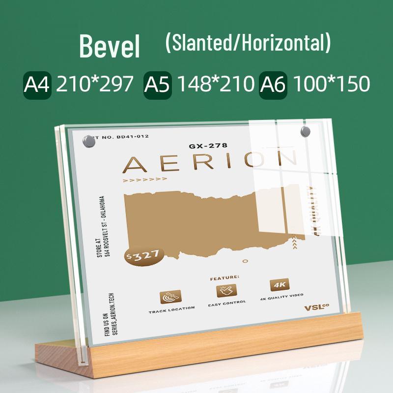 A4 Acrylic Table Card Holder with Beech Wood Base, Double-Sided Pull-Out Display Stand