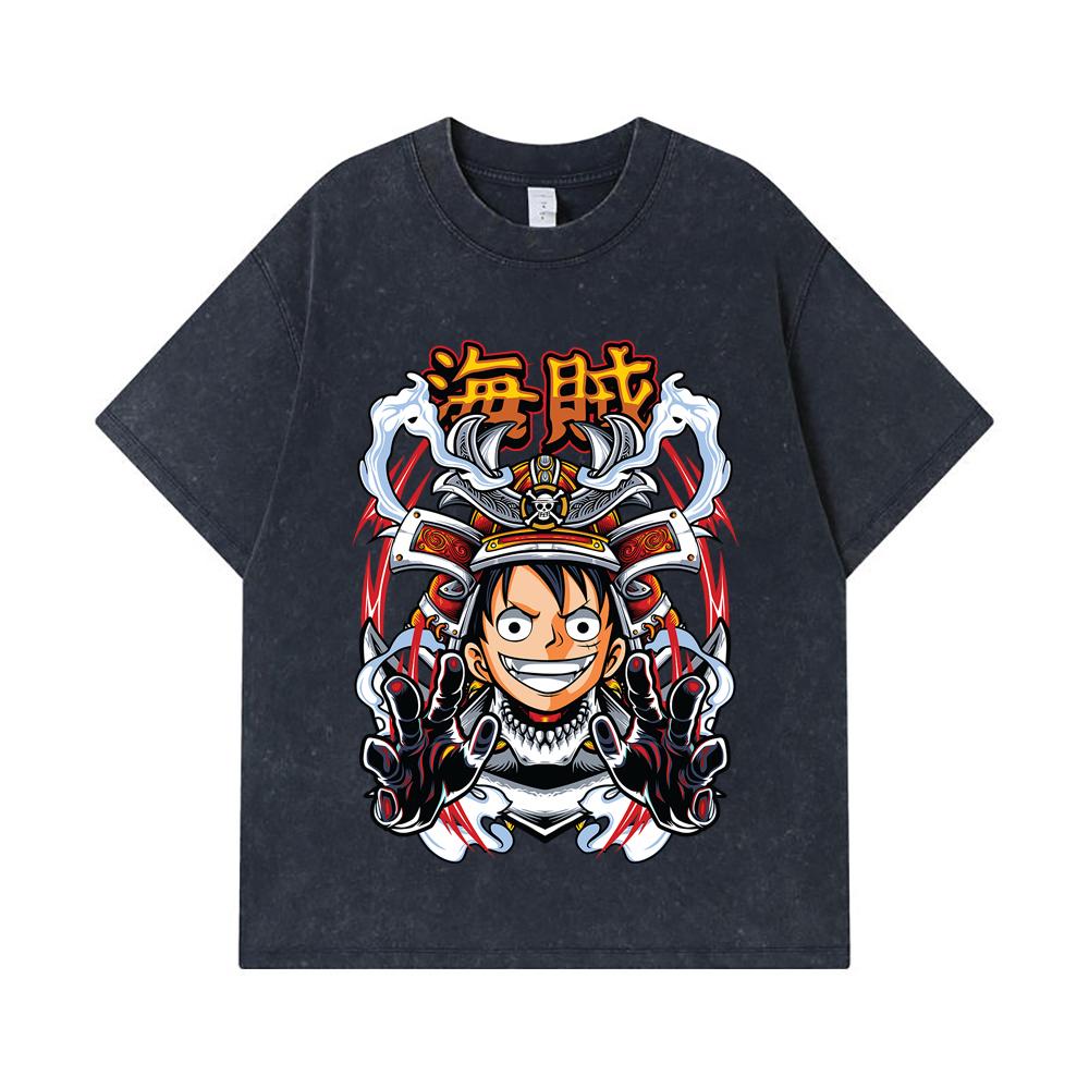 275 GSM Washed T-shirts 100% Cotton One Piece V70 Luffy Samurai Print Unisex Heavy Cotton T Shirt