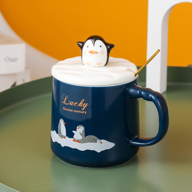 Cute Penguin Ceramic Coffee Mug with Lid and Spoon