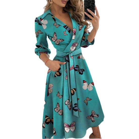 

Women Dress Butterfly Print V Neck Lace Up Long Sleeve Evening Dress M