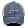 Heart Waves Philippine Flag Print Adjustable Mesh Cap, Patriotic Flat Cap Stylish Vintage-Inspired Polyester Slouchy Snapback Sun Hat