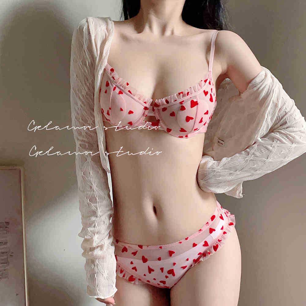 French Pink Lace Heart Bra Set: Sexy, Thin, Bust-Enhancing Design for Young Women