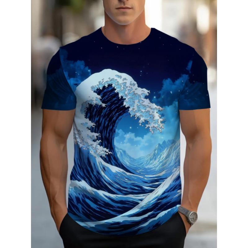 Men's Great Wave 3D Printed T-Shirt Casual Short Sleeve Crewneck Top Cool Ocean Sea Surge Graphic Tee Trendy Japanese Style Summer Streetwear Clothes