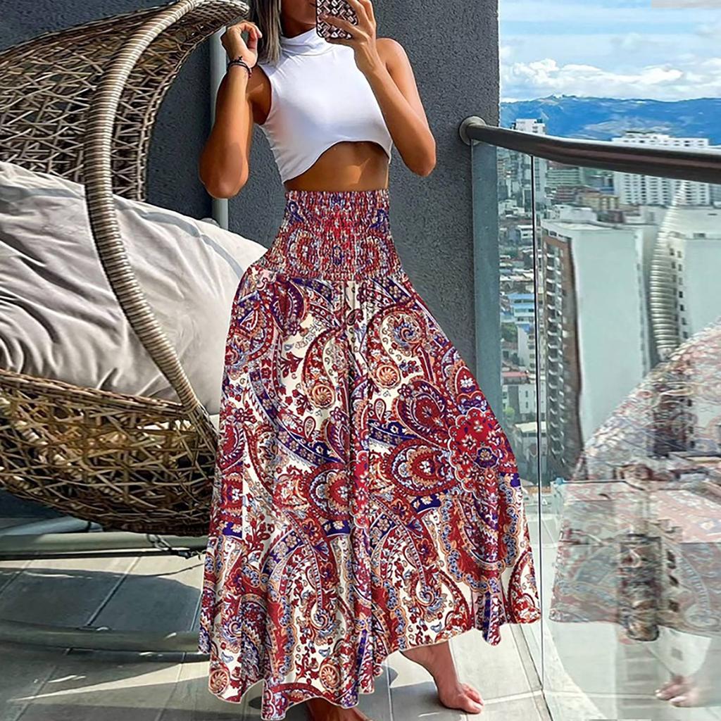 Women’s Casual Loose Boho Elastic Waist A-Line Beach Flowy Swing Vacation Floral Printing Maxi Skirt