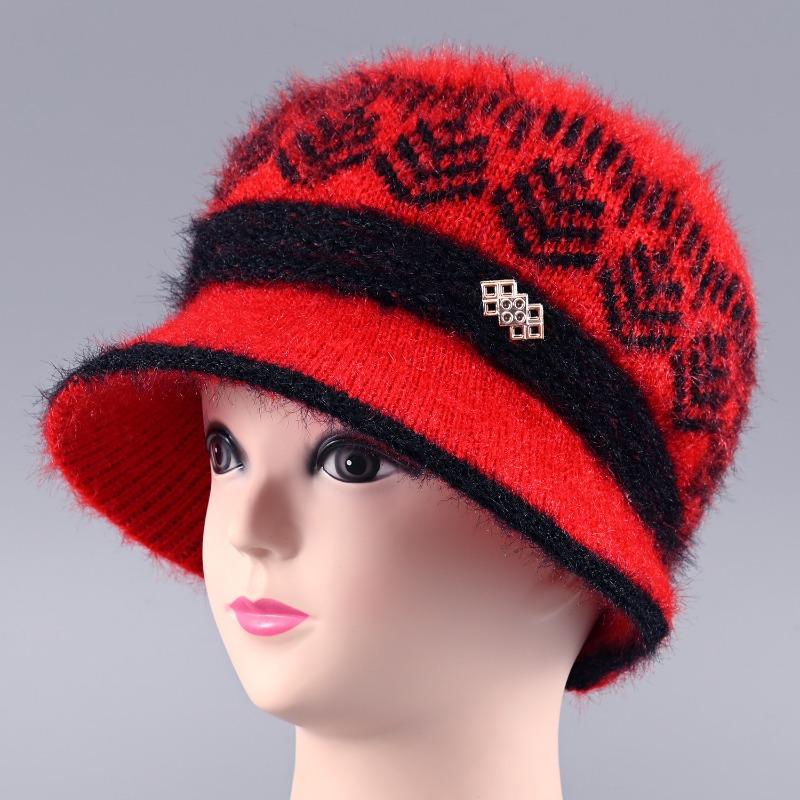 Hat Female Winter Rabbit Hair Warm Eaves Knitted Hat Windproof Plush Old Lady Wool Hat
