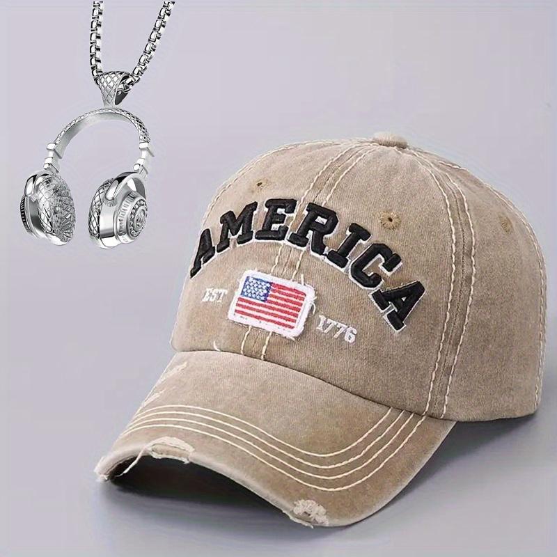 2pcs Men's Baseball Cap Necklace Set Duckweed American Flag Hat Hip-hop Necklace Pendant Net Red Baseball Cap Fashionable Hundred Matching Sun Hat
