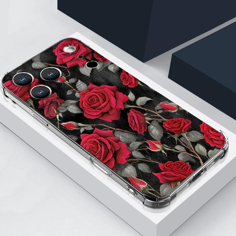 Scarlet Red Rose Flower Pattern Case For iPhone 17 Pro Max Coque iPhone 16 15 14 13 Pro Max 11 Shockproof Clear Soft Silicone Cover